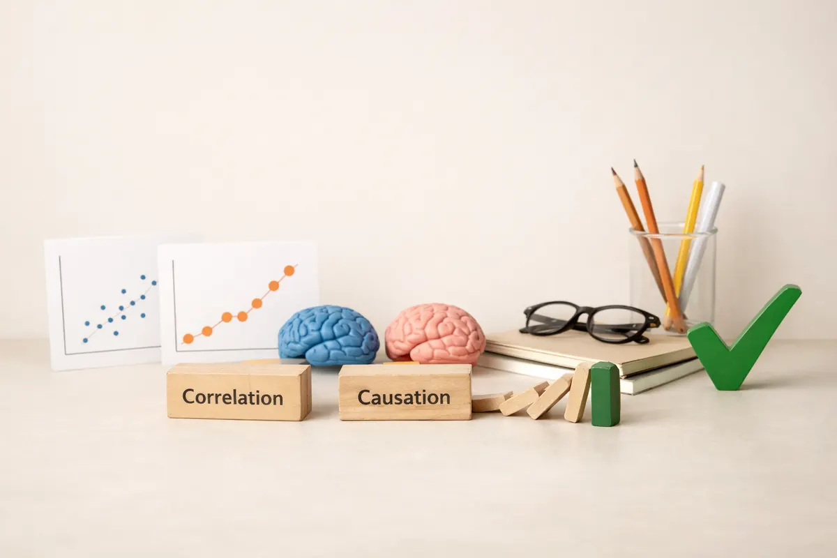 Statistics AI worked example showing the correlation vs causation method step by step with the check at the end