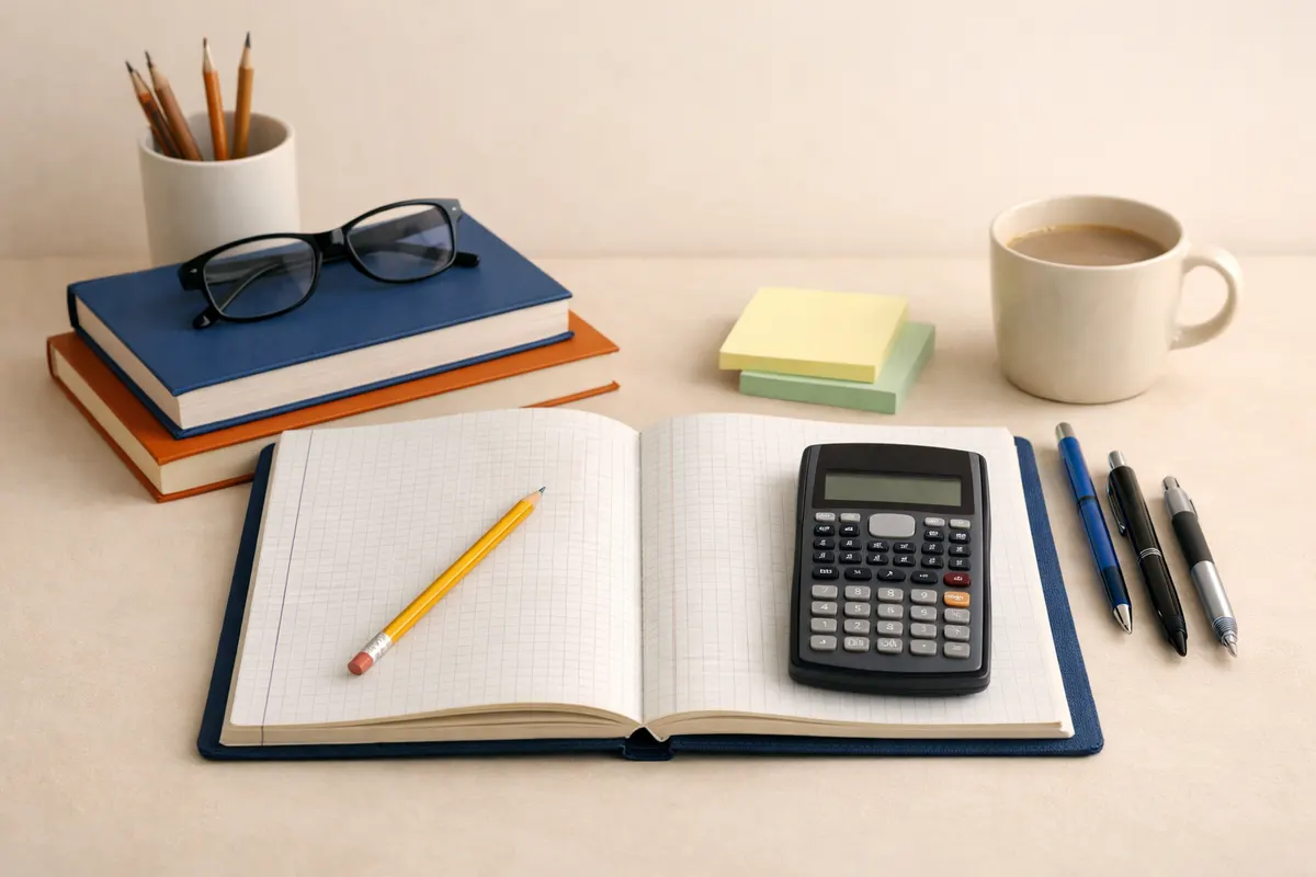 Illustration of a calculator, open notebook, pencils, and reference books.